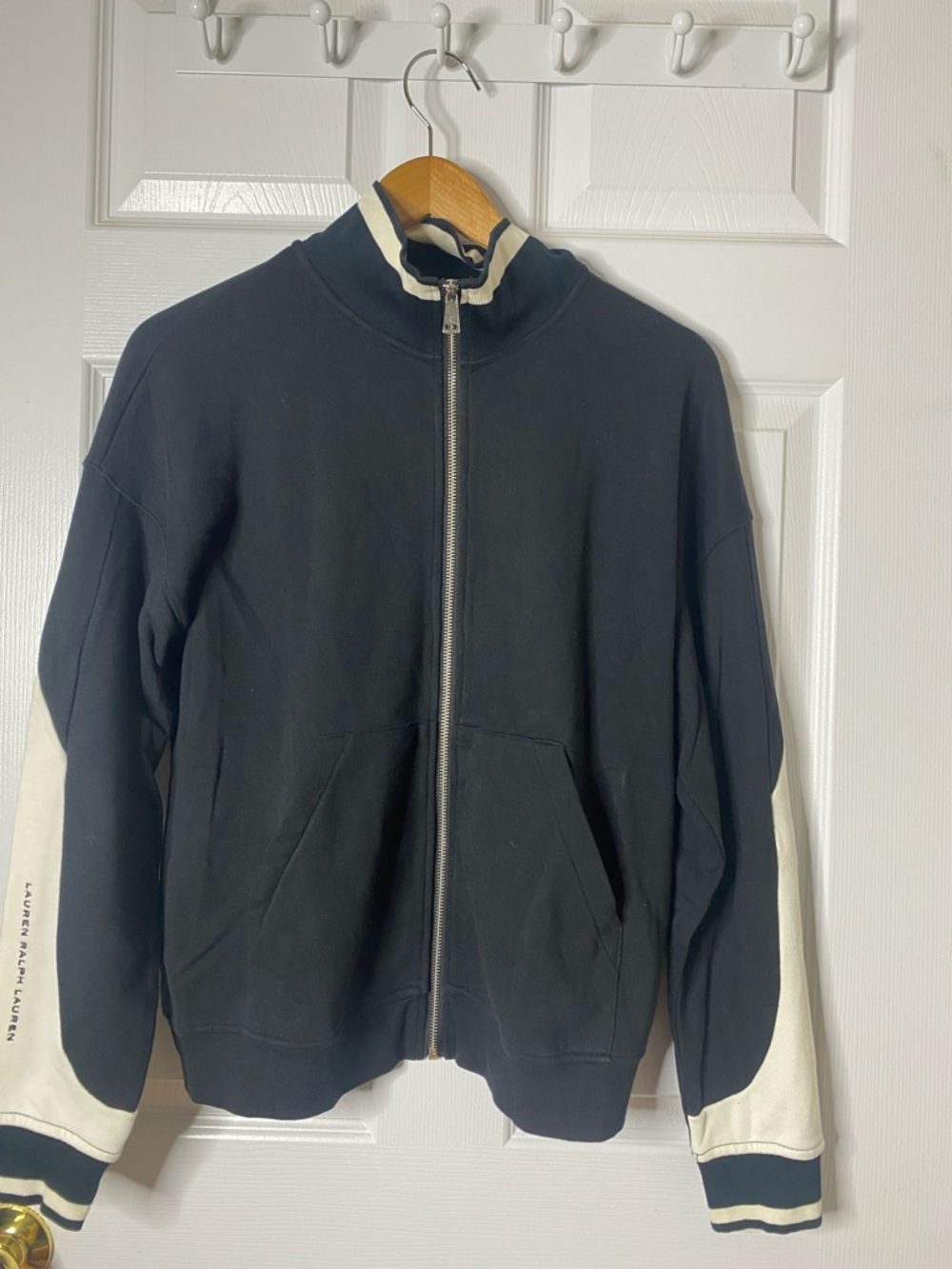 Vintage Ralph Lauren Black Full-Zip Sweater with Cream Sleeve Panels #9
